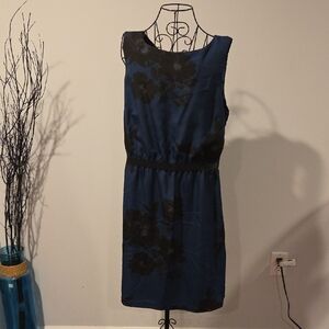 LOFT Blue and Black Floral Midi Dress